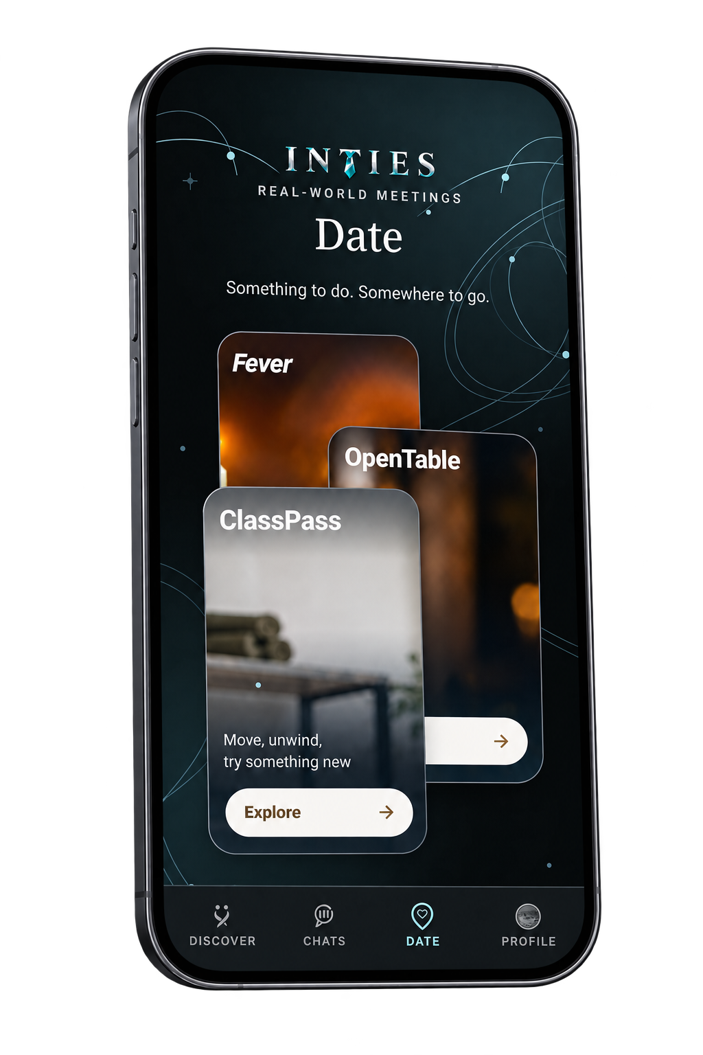 The INTIES app’s Date screen, with date ideas and places to go